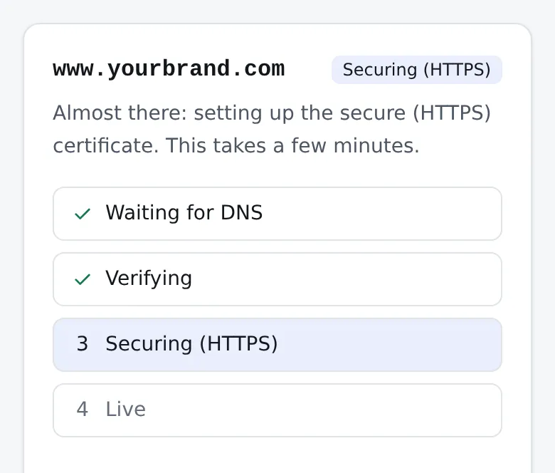 Connecting a domain in the partner panel, demo account: both DNS records are found, HTTPS is secured and the shop goes live