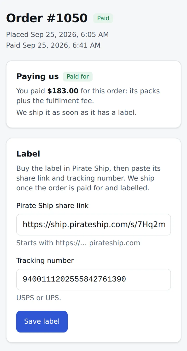 The partner panel, demo account: a Pirate Ship label link and tracking number are pasted into an order and saved