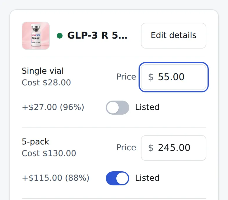 Typing a pack’s price in the partner panel while the markup over cost updates beside it