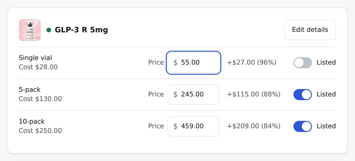 Typing a pack’s price in the partner panel while the markup over cost updates beside it