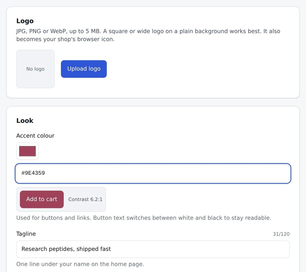 The partner panel’s branding page, demo account: a Logo card with an Upload logo button, and a Look card with the shop’s accent color, a contrast check and its tagline