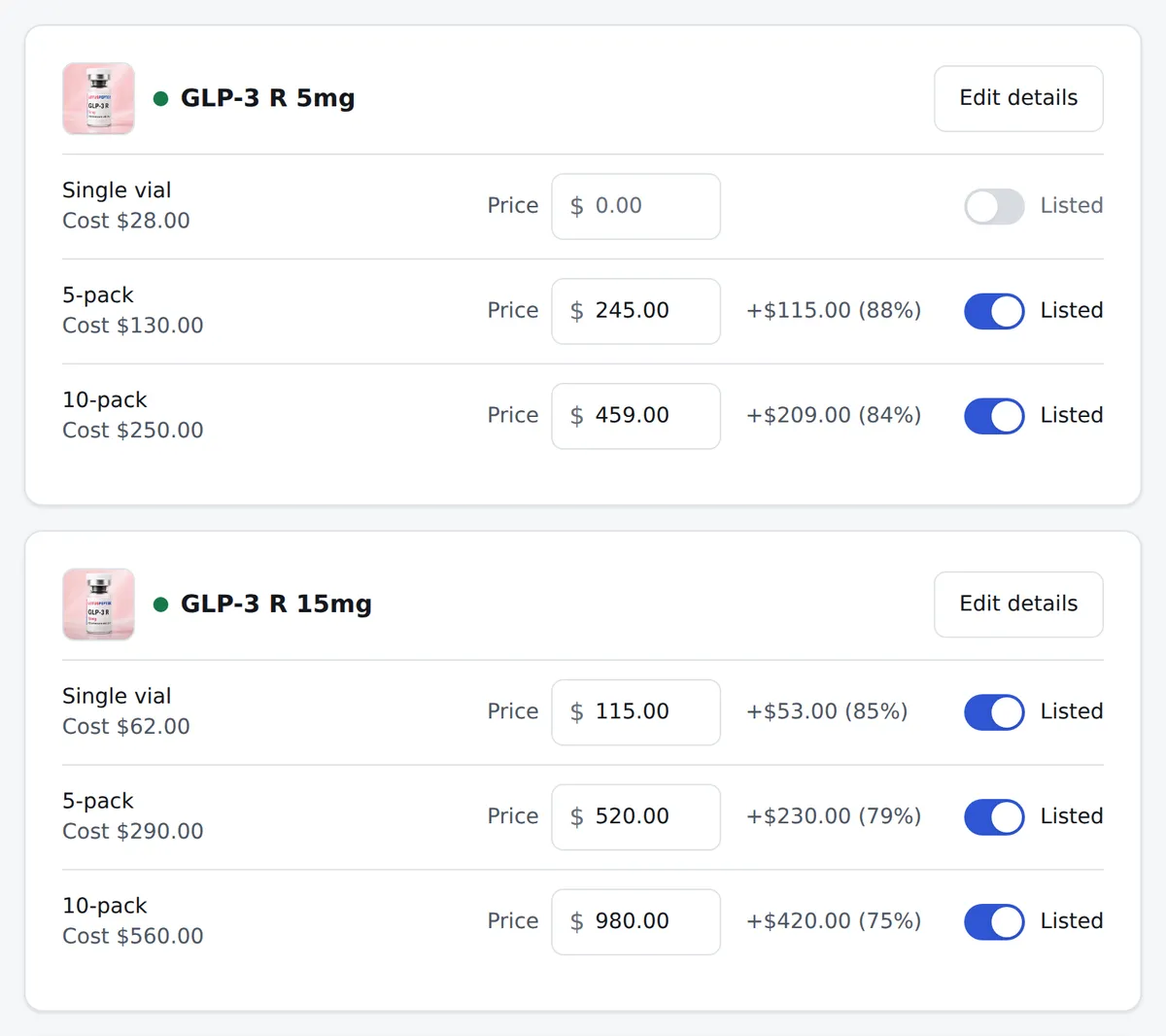 The partner panel’s Products page, demo account: each product’s packs with their cost, the price you set, your markup and a Listed switch