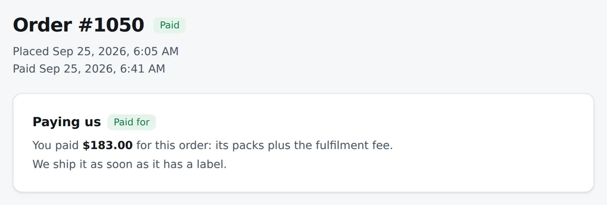 The partner panel’s order page, demo account: the order is paid, and its Paying us card shows the packs and fee paid for