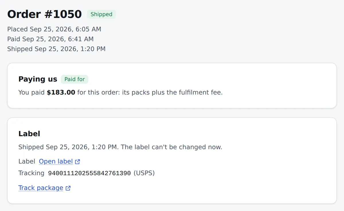 The partner panel’s order page, demo account: the order shipped and paid for, with its label link and USPS tracking number