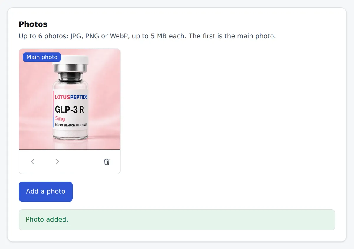 The partner panel's Photos card for one product, demo account: a vial photo marked Main photo, an Add a photo button and a Photo added message