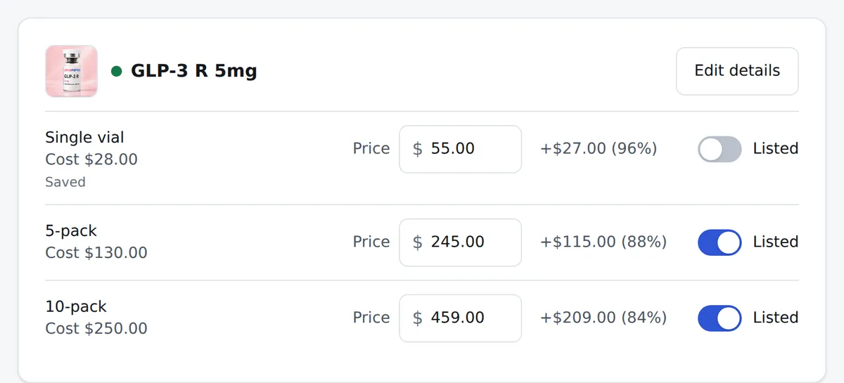 The partner panel’s price card, demo account: each pack’s cost, the price you typed, your markup over cost and whether the pack is listed