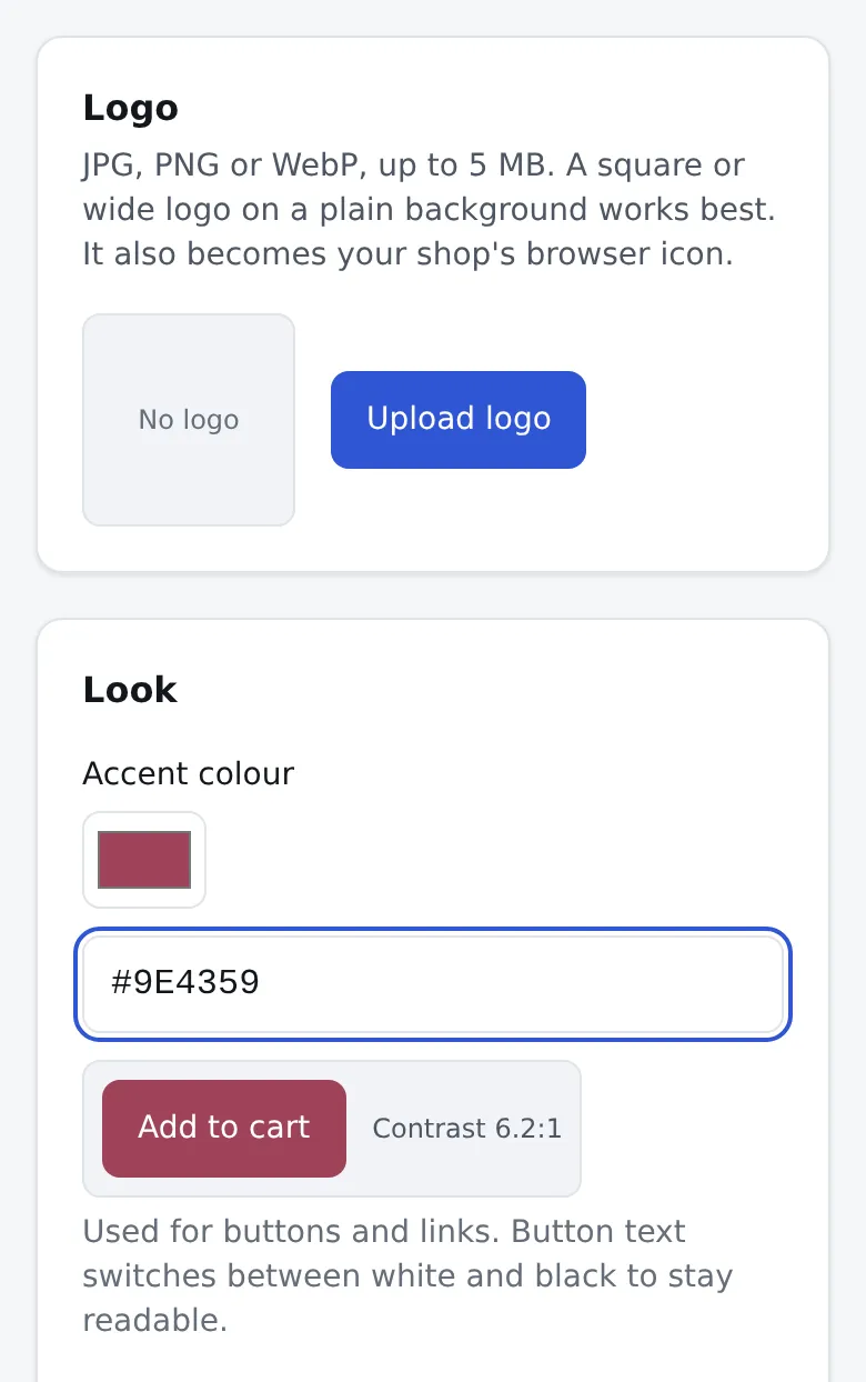 The partner panel’s branding page, demo account: a Logo card with an Upload logo button, and a Look card with the shop’s accent color, a contrast check and its tagline