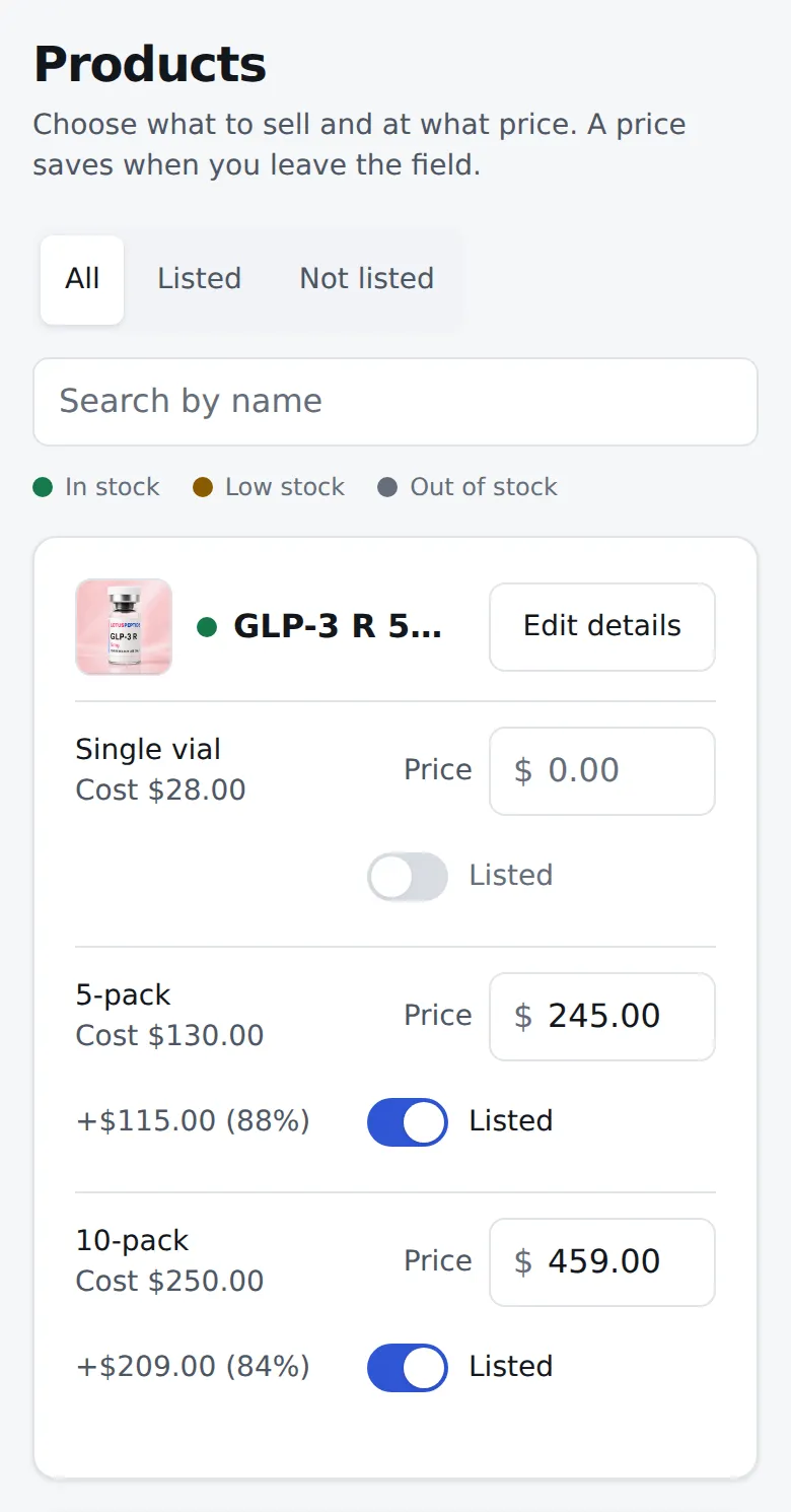 The partner panel’s Products page, demo account: each product’s packs with their cost, the price you set, your markup and a Listed switch