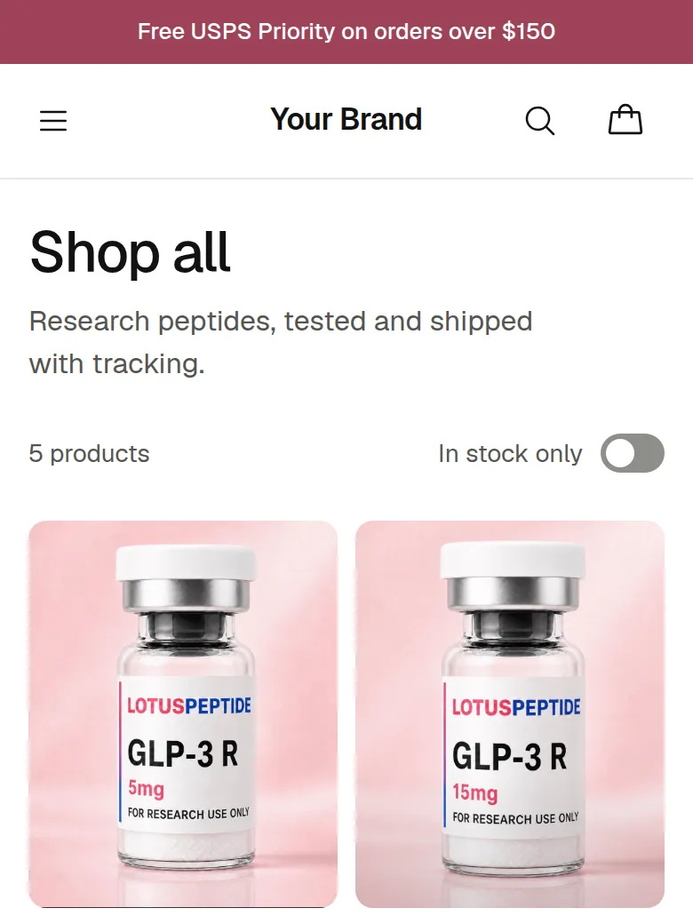 The Your Brand example shop: its announcement bar, menu and the Shop all page with the first vials and their prices