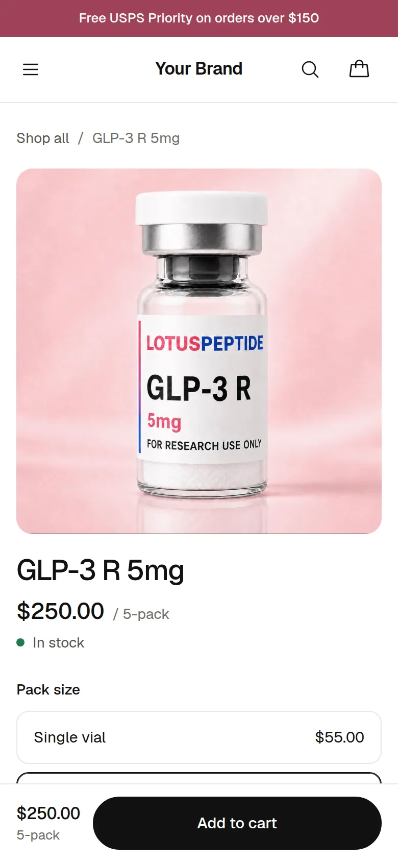 A product page in a partner shop: the price, three pack sizes with their prices, a quantity and Add to cart