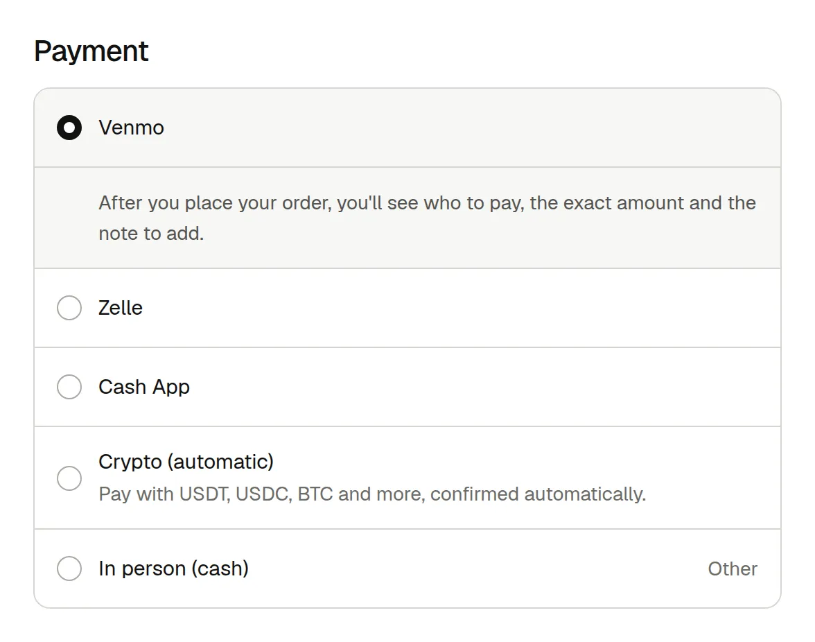 Checkout in the Your Brand example shop: the shopper picks Venmo, Zelle, Cash App, automatic crypto or cash in person