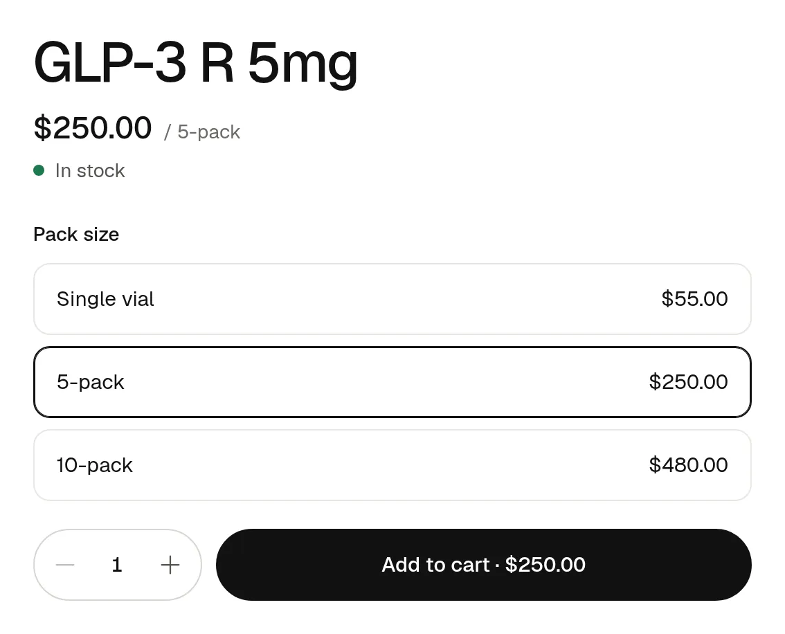 A product page in a partner shop: the price, three pack sizes with their prices, a quantity and Add to cart